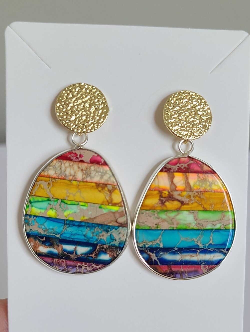 Boho Rainbow Jasper 7 Chakra Chunky Gold Tone Colourful Statement Drop Earrings